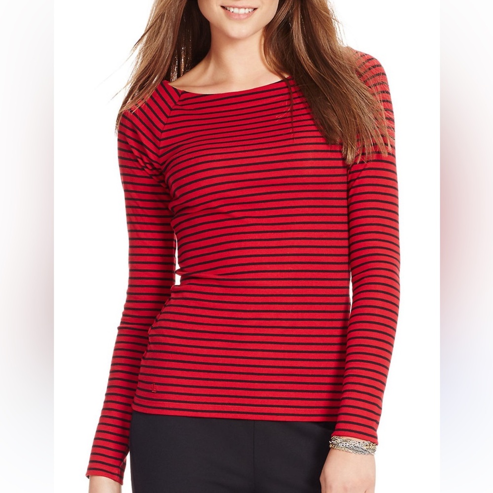 Lauren Ralph Lauren Red Black Stripes Fitted Long Sleeve Stretch Cotton Top